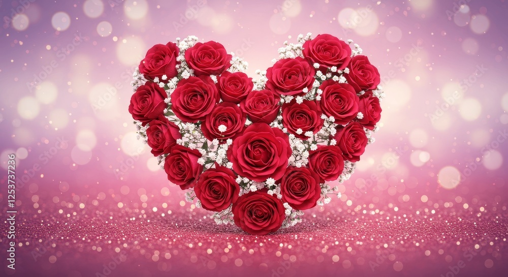 Red Roses Heart Shaped Bouquet - Romantic red rose bouquet arranged in a heart shape, perfect for Valentine's Day or anniversary. Sparkly pink background. Red Roses Heart Shaped Bouquet - Romantic red rose bouquet arranged in a heart shape, perfect for Valentine's Day or anniversary. Sparkly pink background.