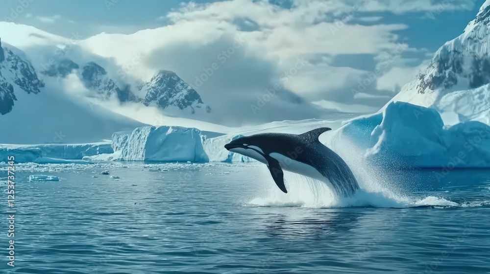 Fototapeta premium A killer whale breaching near an ice shelf, water spraying into the cold air