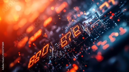 Abstract digital display with glowing numbers, vibrant colors, and futuristic background elements