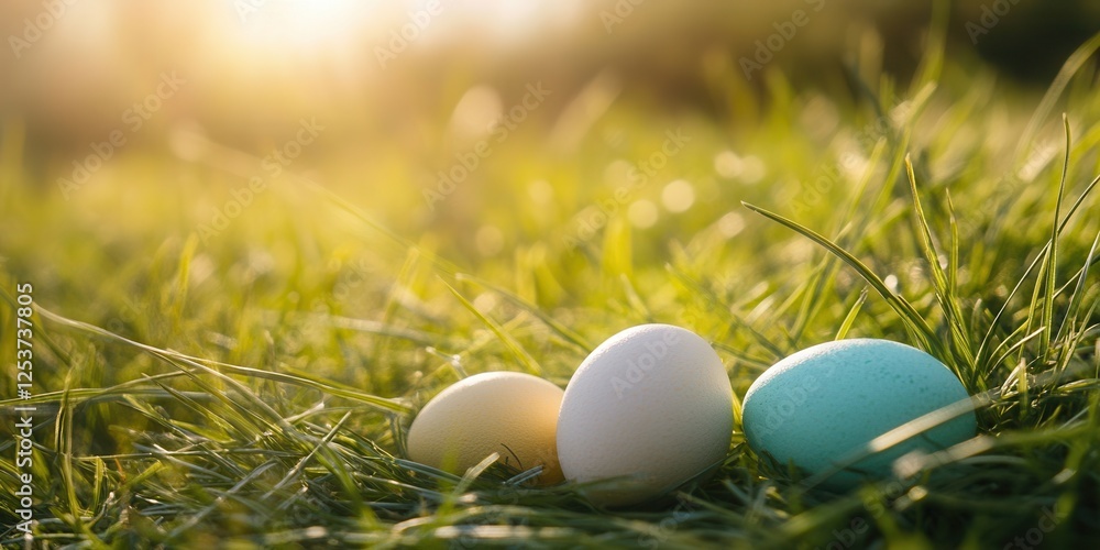 Three eggs rest in green grass under a bright sun, creating a serene and natural scene that highlights simplicity and beauty in nature. Three eggs rest in green grass under a bright sun, creating a serene and natural scene that highlights simplicity and beauty in nature.