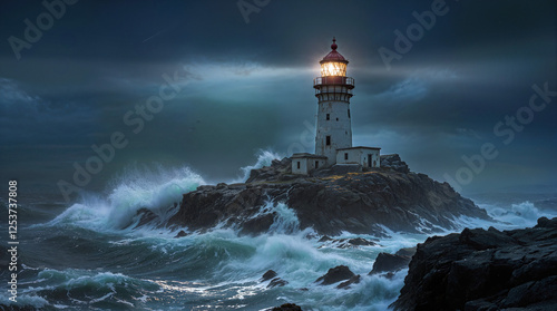 A weathered lighthouse stands alone on a storm-lashed island, its flickering beacon cutting through the darkness. 