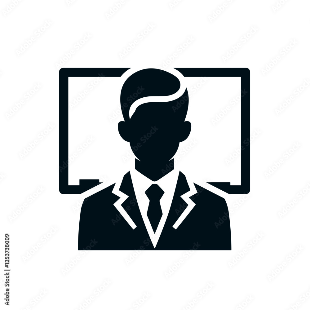 Minimalist business professional icon with a silhouette of a man in a suit and tie, positioned in front of a digital screen. Modern corporate avatar representing leadership, online meetings Minimalist business professional icon with a silhouette of a man in a suit and tie, positioned in front of a digital screen. Modern corporate avatar representing leadership, online meetings
