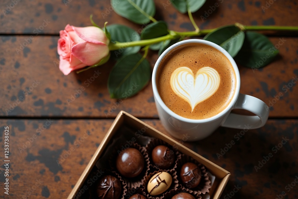 A mug of fragrant coffee with heart-shaped foam, chocolates and a red rose on a brown grunge background. For romantic postcards, advertisements, menus, and cozy decorations. A mug of fragrant coffee with heart-shaped foam, chocolates and a red rose on a brown grunge background. For romantic postcards, advertisements, menus, and cozy decorations.