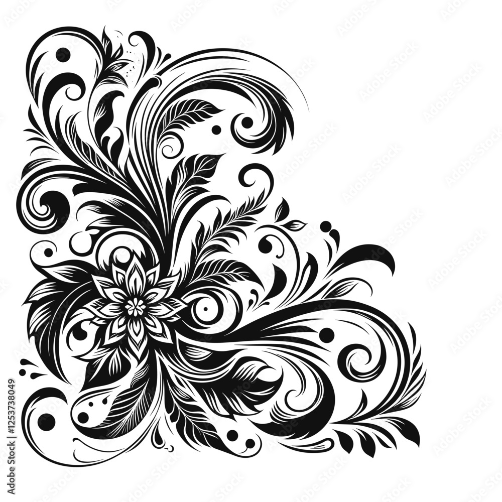 Elegant black and white ornamental floral design with intricate swirling patterns, leaves, and a blooming flower. Decorative vintage-inspired baroque corner element for tattoos, invitations, wallpaper Elegant black and white ornamental floral design with intricate swirling patterns, leaves, and a blooming flower. Decorative vintage-inspired baroque corner element for tattoos, invitations, wallpaper