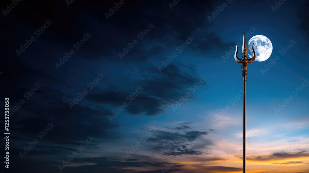Trident silhouette against moonlit night sky at dusk Trident silhouette against moonlit night sky at dusk
