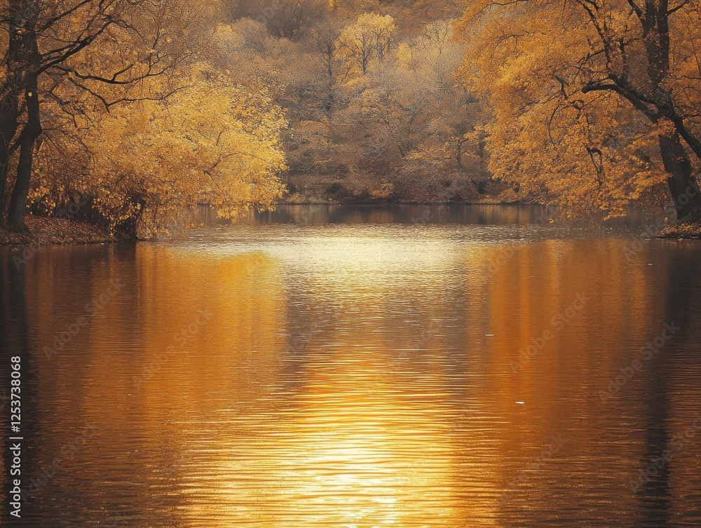 Fototapeta premium Tranquil Autumn Landscape with Golden Trees Reflecting on Calm Water in Serene Natural Setting