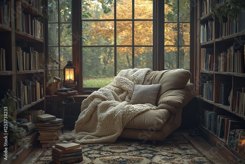 Cozy reading nook with overstuffed chair autumn landscape interior design natural light intimate atmosphere photo