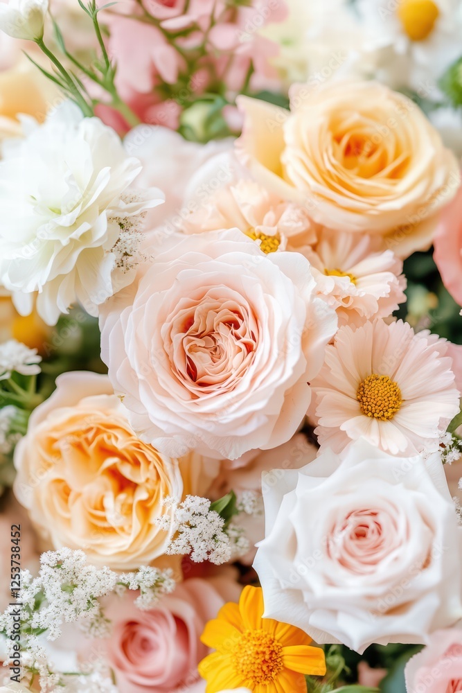 Fototapeta premium Soft Pastel Floral Arrangement with Roses and Wildflowers