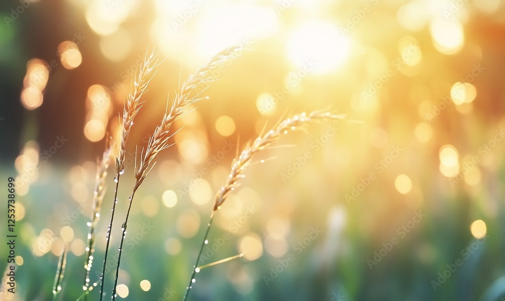 Fototapeta premium Dewy grass sunset field nature background