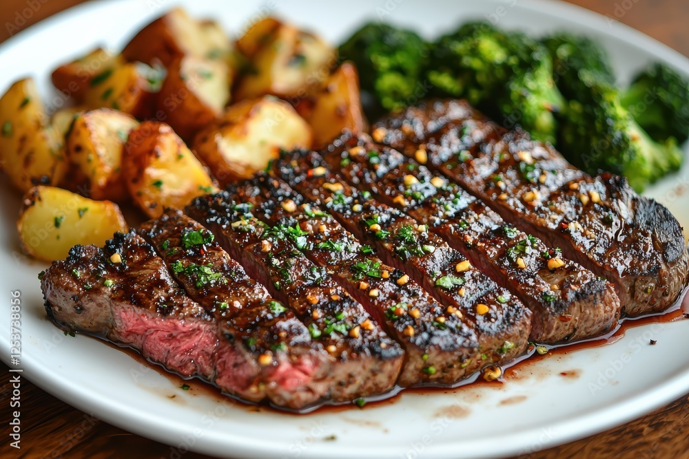 Chargrilled steak delight on a plate restaurant kitchen food photography vibrant surroundings closeup shot culinary experience Chargrilled steak delight on a plate restaurant kitchen food photography vibrant surroundings closeup shot culinary experience