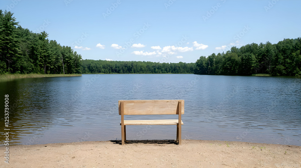 Tranquil lake view, wooden bench, serene nature scene, peaceful summer day, perfect for relaxation Tranquil lake view, wooden bench, serene nature scene, peaceful summer day, perfect for relaxation