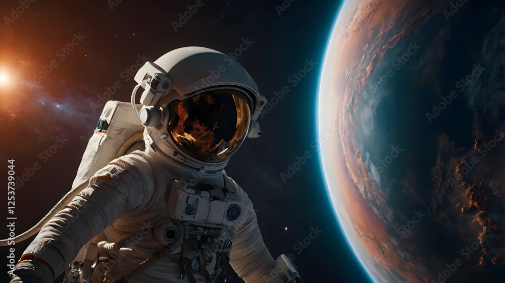 Astronaut spacewalking against the backdrop of a vibrant planet and a distant sun. The scene is awe-inspiring, capturing the vastness of space and human exploration Astronaut spacewalking against the backdrop of a vibrant planet and a distant sun. The scene is awe-inspiring, capturing the vastness of space and human exploration
