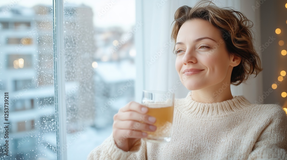 Winter Warmth: Caucasian woman enjoys a drink indoors gazing at the snowy landscape Cozy sweater holiday lights enhance the peaceful scene Winter Warmth: Caucasian woman enjoys a drink indoors gazing at the snowy landscape Cozy sweater holiday lights enhance the peaceful scene