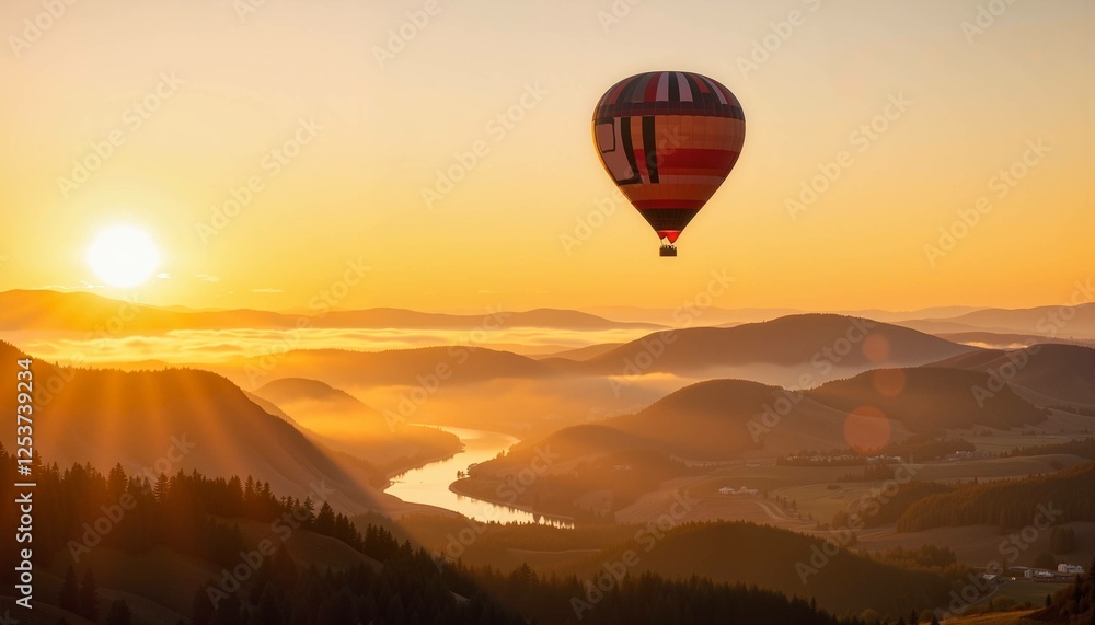Fototapeta premium Colorful hot air balloon soaring over misty hills and a river at sunset