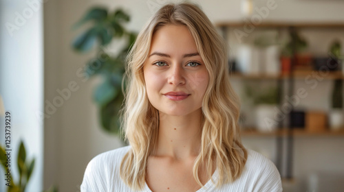 Free Download Blonde woman smiling in a bright, plant-filled room. - GFXLoad