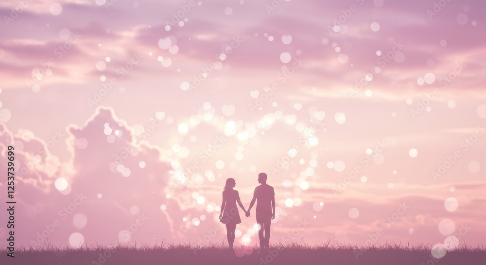Fototapeta premium Couple Silhouette Romantic Sunset - Silhouette of a couple holding hands at sunset with a heart-shaped bokeh effect. Perfect for love, romance, and relationship themes.