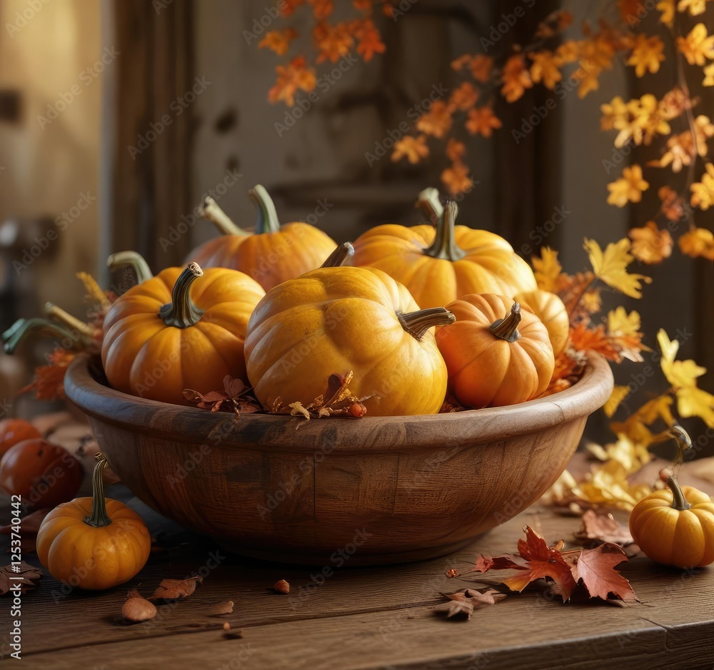 Warm golden light falls on a still life arrangement of seasonal pumpkins and autumn leaves in a rustic wooden bowl, wooden bowl, natural elements Warm golden light falls on a still life arrangement of seasonal pumpkins and autumn leaves in a rustic wooden bowl, wooden bowl, natural elements