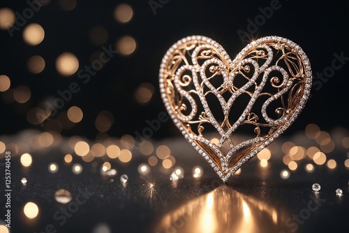 An elegant metal carved heart on a dark brown background with a side effect creates an atmosphere of warmth and romance for postcards, festive design and romantic compositions photo