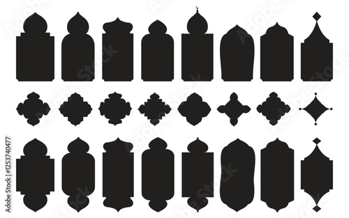 Islamic Shape door, window silhouette Arabic arch. Oriental Collection. Frames in Arabian Muslim design for Ramadan Kareem. Mosque gate isolated shape with vector