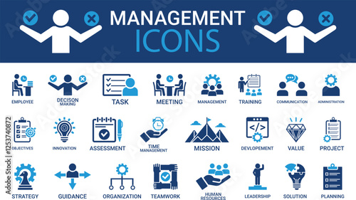 Business or organization management icon set. Contains manager, teamwork, strategy, marketing, business, planning, training, and employee icons. Solid icons vector collection.