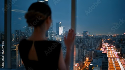 Woman Viewing Cityscape at Night