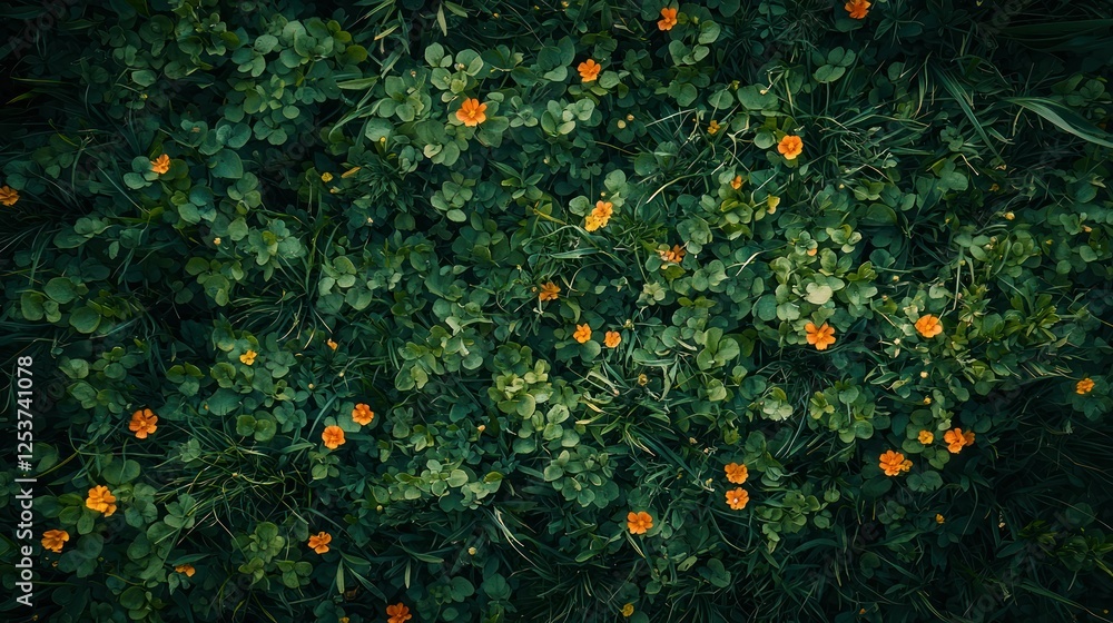 Orange wildflowers in green meadow, overhead view, nature background, ideal for texture