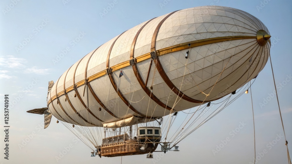 Naklejka premium Vintage-style airship with brass accents and leather straps, leather straps, copper piping