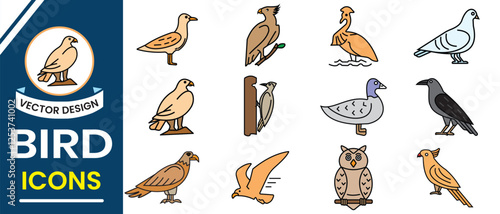Bird vector, icon set. Set of silhouettes of birds vector sign and symbol. Flying, siting and swimming bird icon, owl, dove, duck, parrot and others bird symbol. Vector illustration.