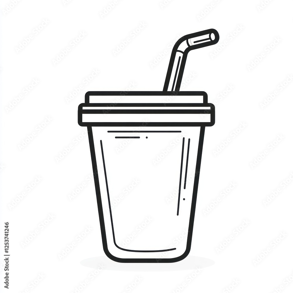 Simple outline drawing of a disposable paper cup with straw Simple outline drawing of a disposable paper cup with straw