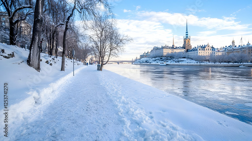 Snowy riverside path, winter city view,  Stockholm background, travel photo