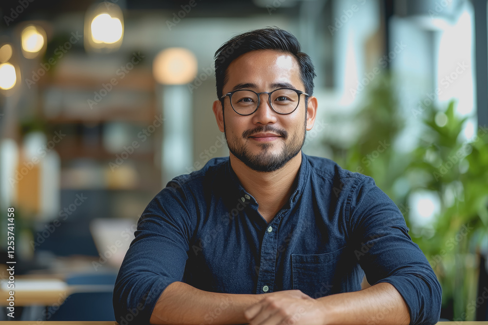 Man with glasses sitting at a table working on a laptop in a modern bright office environment Man with glasses sitting at a table working on a laptop in a modern bright office environment