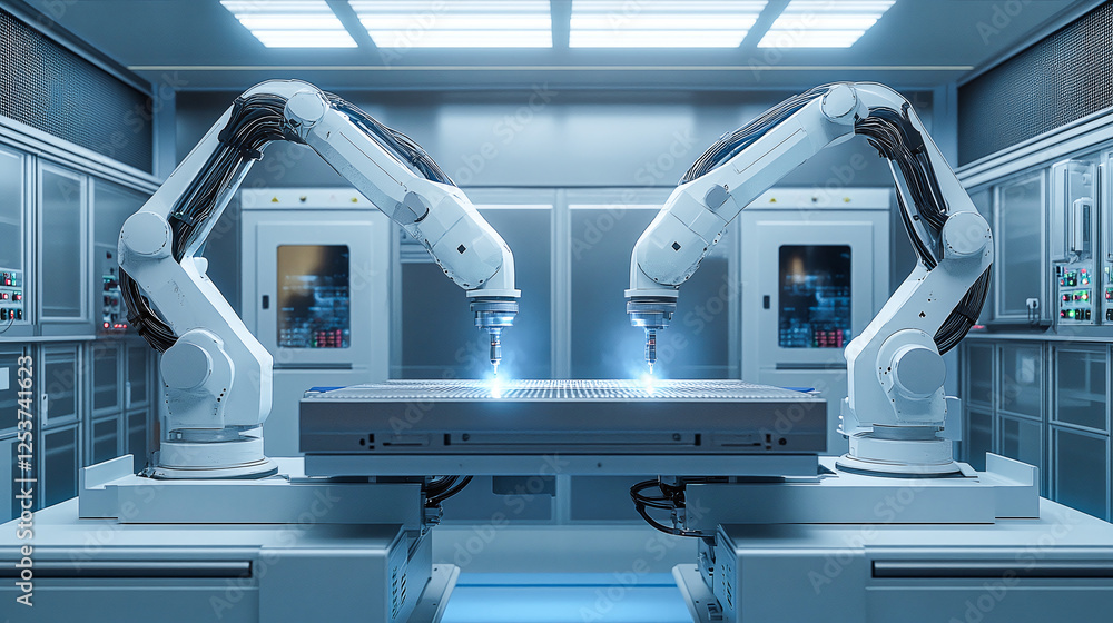 Automated Factory: Two robotic arms working in unison, performing precision tasks on a platform in a clean industrial setting with control panels in background. Automated Factory: Two robotic arms working in unison, performing precision tasks on a platform in a clean industrial setting with control panels in background.
