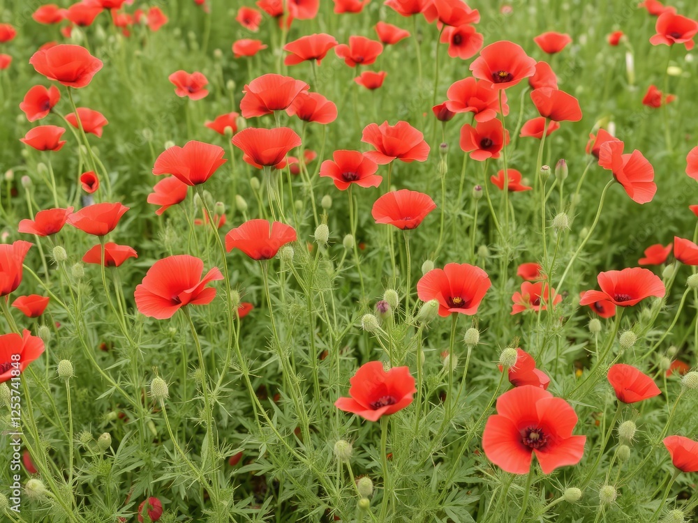 Vibrant red poppies blooming in a lush garden during spring season, red poppies, vibrant, colorful Vibrant red poppies blooming in a lush garden during spring season, red poppies, vibrant, colorful