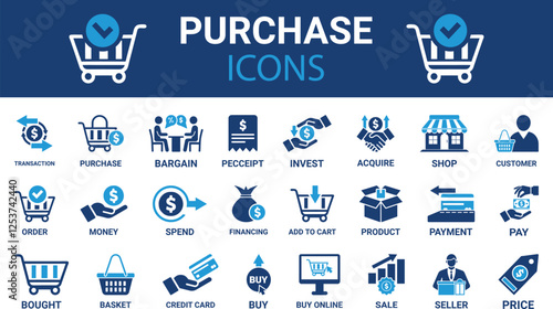 Purchase icon set. Containing buy, pay, order, shop, price, payment, product, spend, receipt and more. Solid vector icons collection. icon design,
