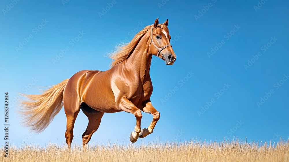 Obraz premium Majestic brown horse running through field under clear blue sky