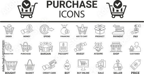 Purchase icon set. Containing buy, pay, order, shop, price, payment, product, spend, receipt and more. Solid vector icons collection. icon design,