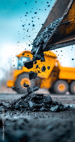 Coal mining, truck loading, heavy machinery, industrial site, energy production.