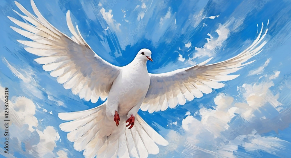 Obraz premium White Dove of Peace in the Air with Wings Wide Open Against Blue Sky
