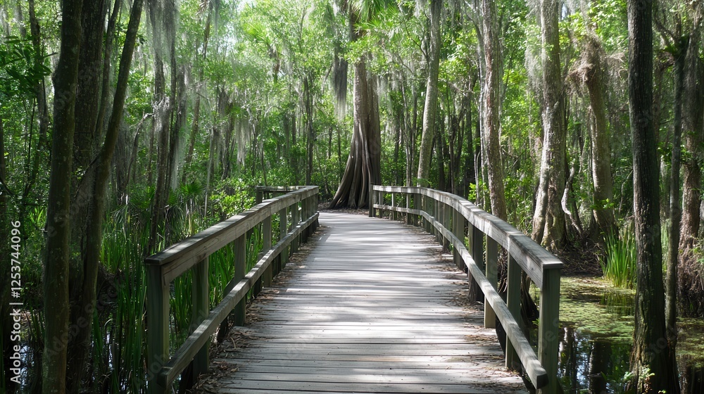 A graceful giraffe bridge arches over a tranquil swamp, surrounded by lush trees and reflective water, showcasing nature's serene beauty. A graceful giraffe bridge arches over a tranquil swamp, surrounded by lush trees and reflective water, showcasing nature's serene beauty.
