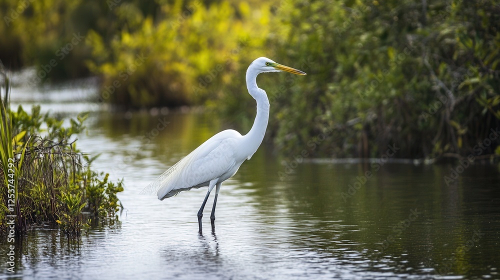 Naklejka premium A solitary white bird stands gracefully in shallow water, close to the shore, creating a tranquil scene of nature's beauty.