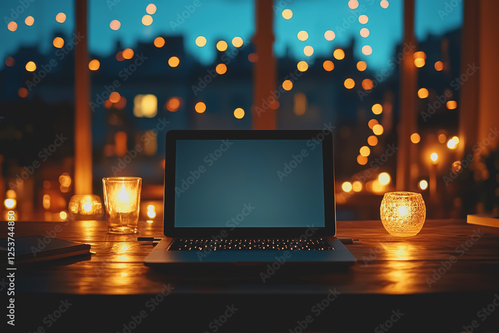 Laptop computer on a table with a lit candle creating a cozy workspace atmosphere Laptop computer on a table with a lit candle creating a cozy workspace atmosphere