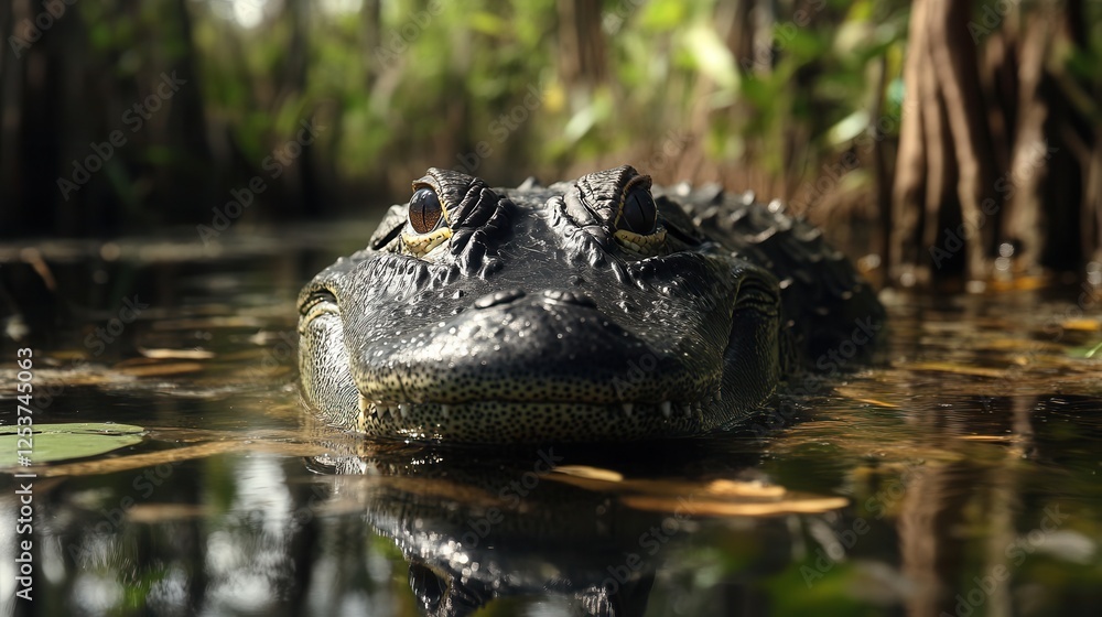 A large alligator floats serenely on the water's surface, showcasing its powerful body and sharp features in a natural habitat. A large alligator floats serenely on the water's surface, showcasing its powerful body and sharp features in a natural habitat.