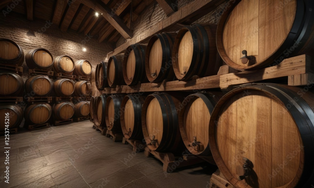 Wooden wine barrels in a dimly lit winery cellar, barrels, cellar, rustic, dimly lit, storage Wooden wine barrels in a dimly lit winery cellar, barrels, cellar, rustic, dimly lit, storage