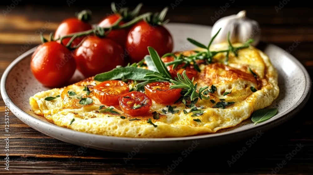 Delicious Omelette Garnished with Fresh Tomatoes and Herbs Served on a Rustic Wooden Table Delicious Omelette Garnished with Fresh Tomatoes and Herbs Served on a Rustic Wooden Table