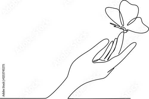 Butterfly in hand elegance continuous single-line artwork. 