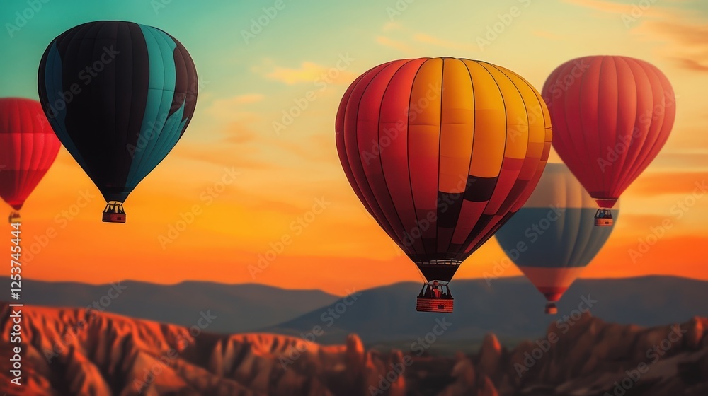 Colorful Hot Air Balloons in a Beautiful Sunset Over Mountains