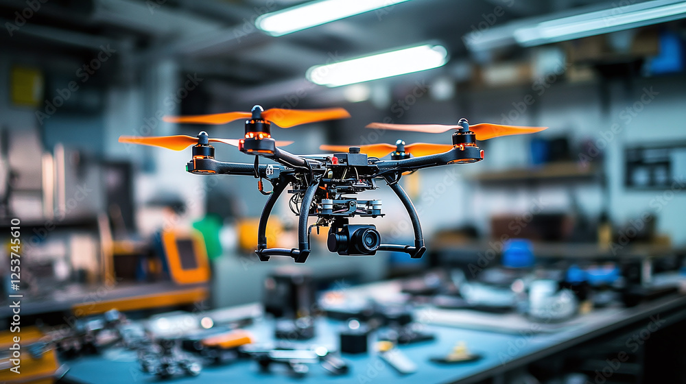 Drone in flight over workspace. This drone features a sleek design with vibrant propellers and a camera, capturing aerial shots with precision and clarity. Drone in flight over workspace. This drone features a sleek design with vibrant propellers and a camera, capturing aerial shots with precision and clarity.