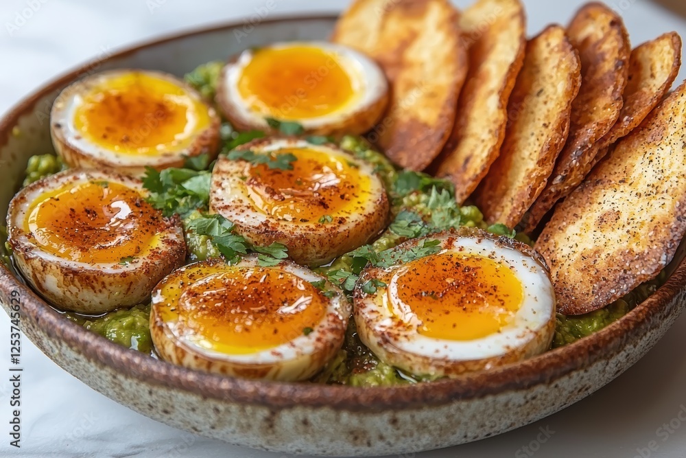 Delicious egg-centered guacamole dish with crunchy tortilla chips kitchen food photography cozy setting culinary delight