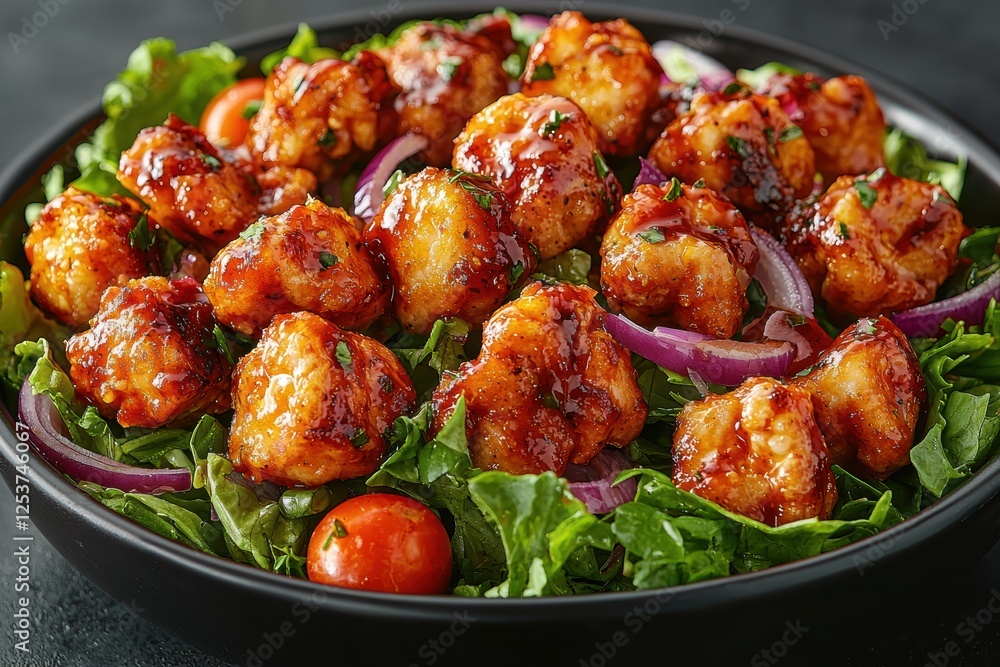 Savory chicken bites on a fresh salad gourmet kitchen food photography modern setting top-down view culinary delight