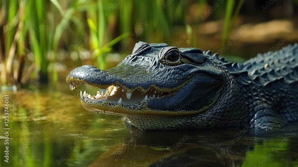 Fototapeta premium A crocodile displaying its formidable teeth while submerged in water, showcasing its predatory nature and impressive size.